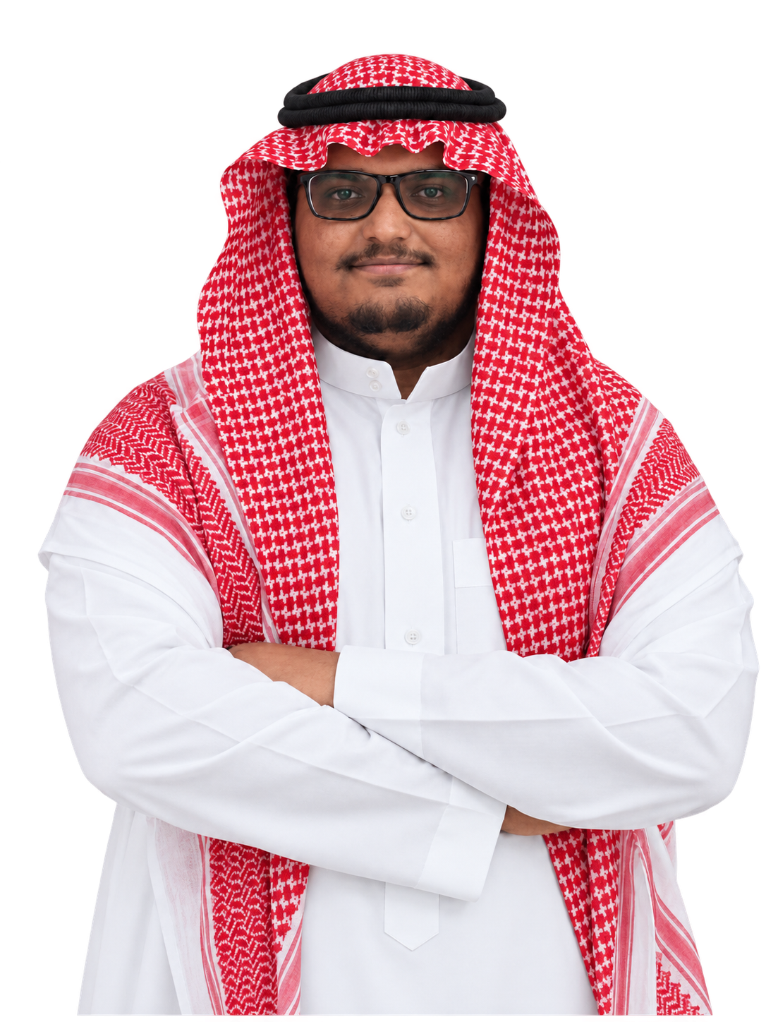 Faisal Sumayli wearing a white thobe and red-and-white shemagh